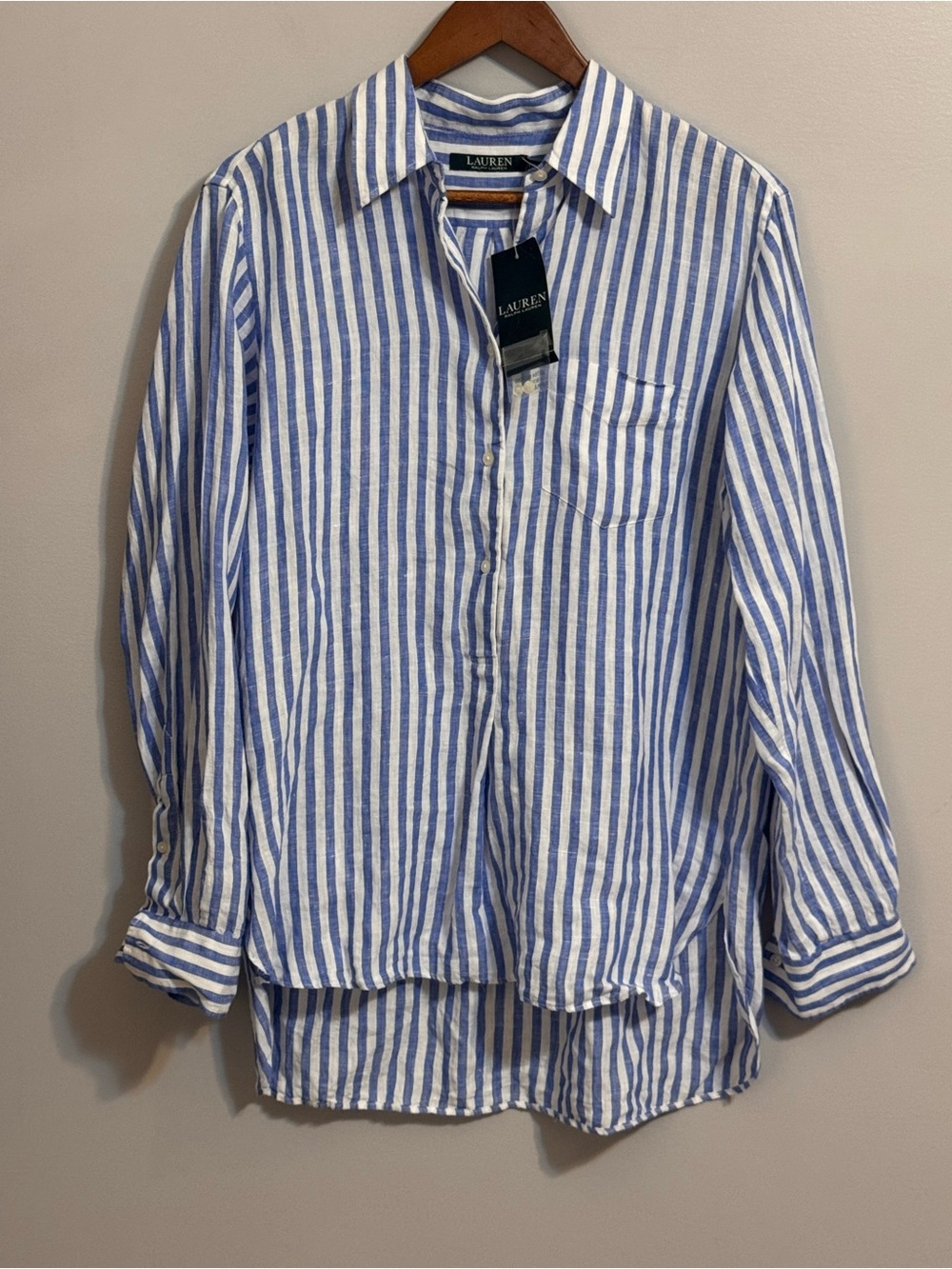 Lauren Ralph Lauren 100% Linen Blue White Stripe High Low Shirt M NWT